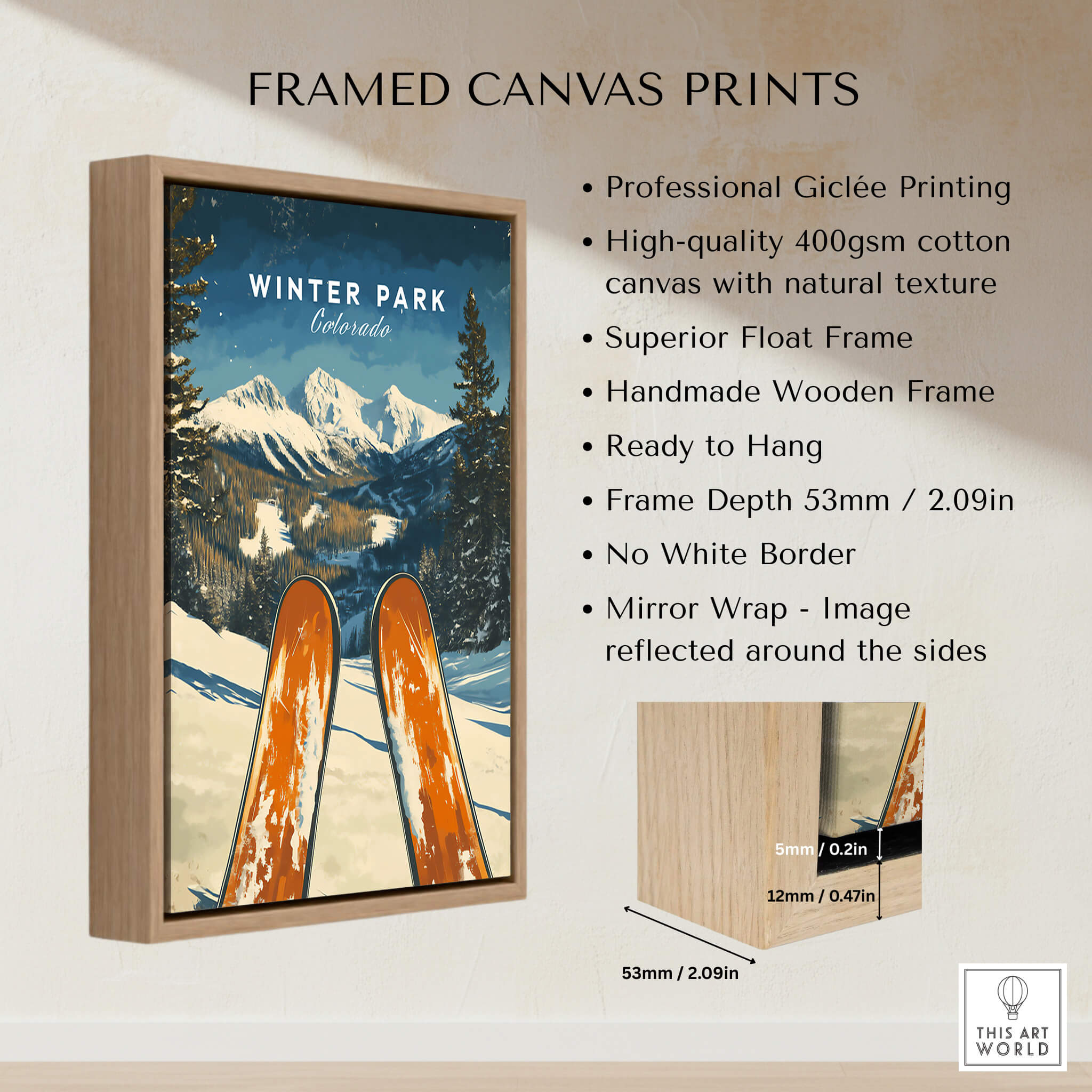 Winter Park Ski Poster -  Colorado framed canvas print showcasing scenic winter slopes and vibrant design.