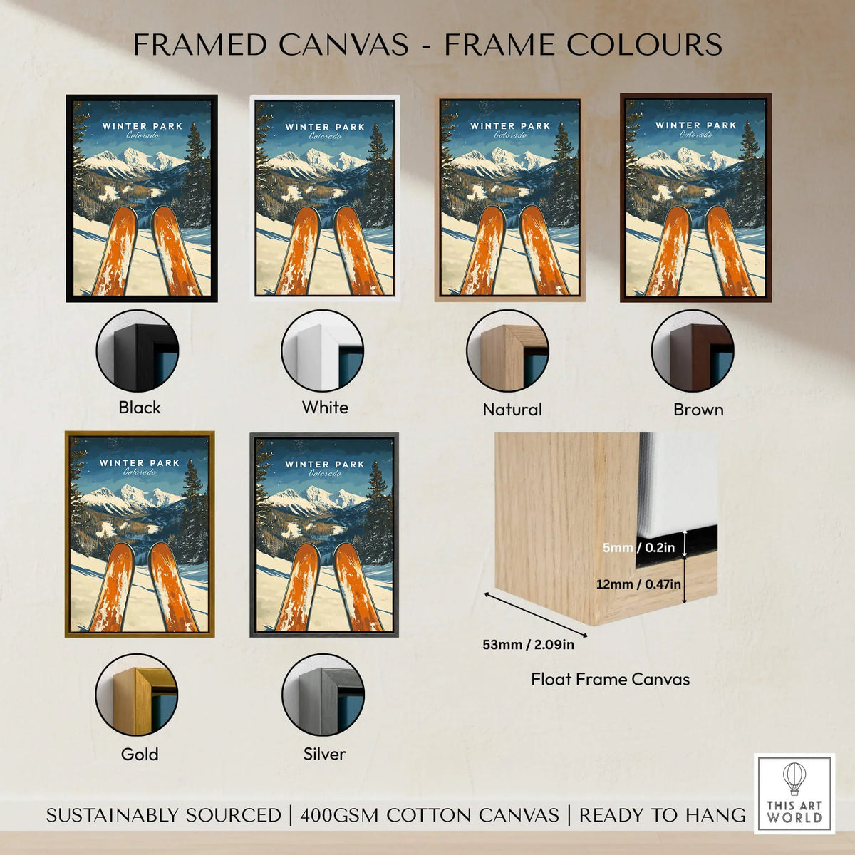 Framed Winter Park Ski Poster - Colorado in various frame colors including black, white, natural, brown, gold, and silver.