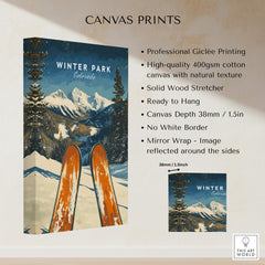 Winter Park Ski Poster - Colorado featuring wooden skis against a mountain landscape background, showcasing vibrant colors and textures.