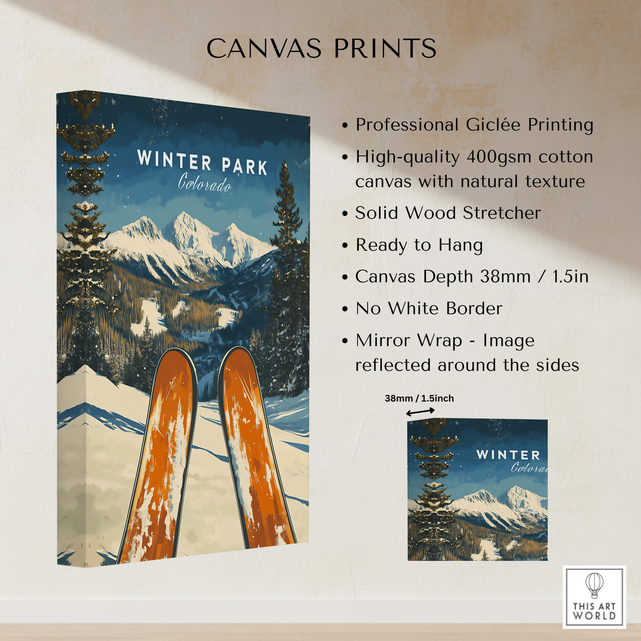 Winter Park Ski Poster - Colorado featuring wooden skis against a mountain landscape background, showcasing vibrant colors and textures.