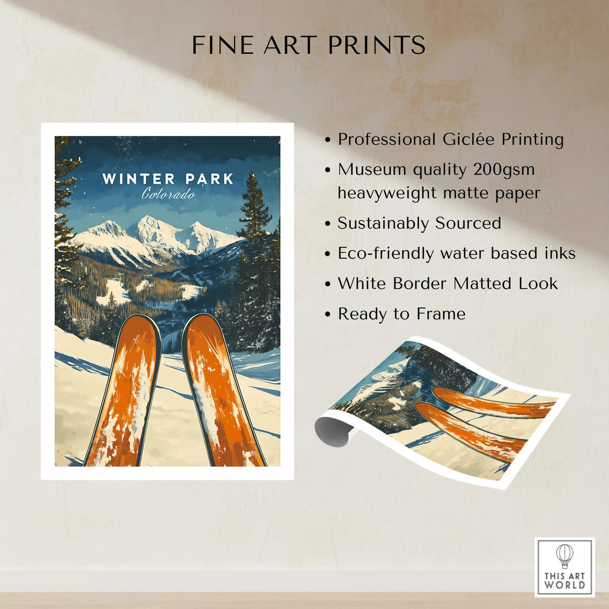 Winter Park Ski Poster - Colorado showcasing a scenic snowy mountain view with skis in the foreground.