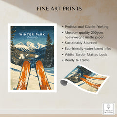 Winter Park Ski Poster - Colorado showcasing a scenic snowy mountain view with skis in the foreground.