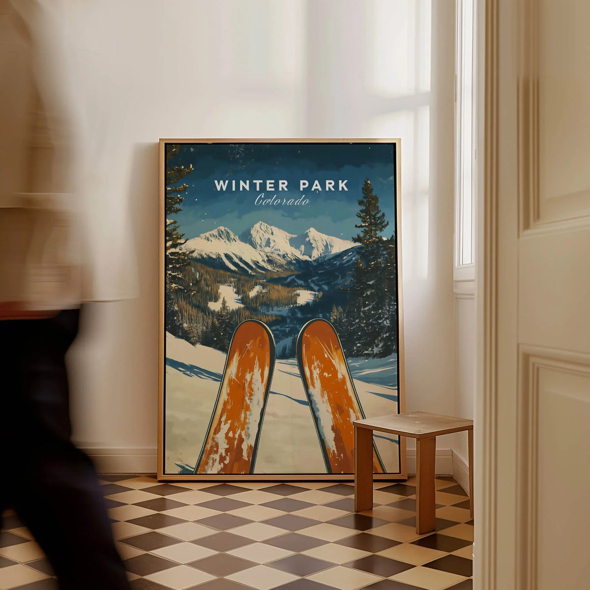 Winter Park Ski Poster - Colorado showcasing snow-covered mountains and ski gear in a stylish interior.