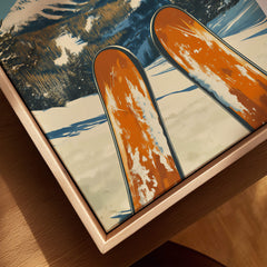 Winter Park Ski Poster - Colorado featuring orange skis on snow-covered mountains.