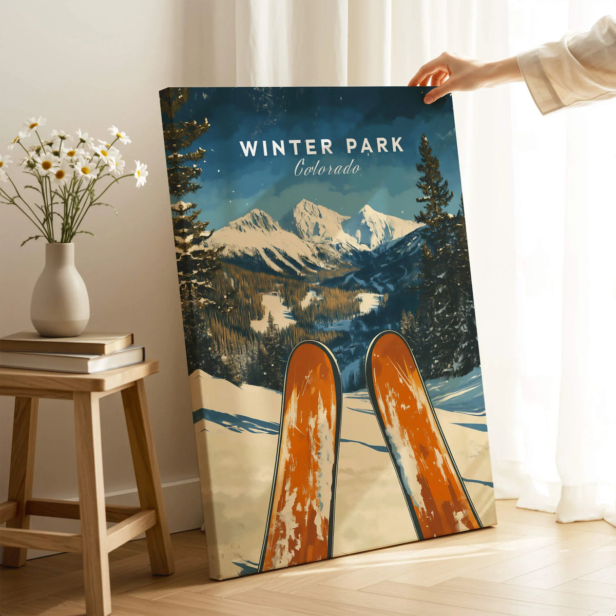 Winter Park Ski Poster - Colorado showcasing ski equipment against a picturesque snowy mountain backdrop.
