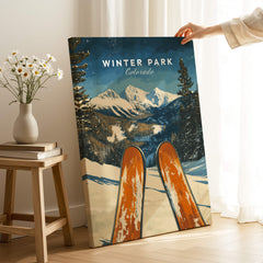 Winter Park Ski Poster - Colorado showcasing ski equipment against a picturesque snowy mountain backdrop.