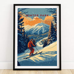 Winter Park Print Colorado ski poster showcasing a skier in the picturesque mountains of Winter Park, Colorado.