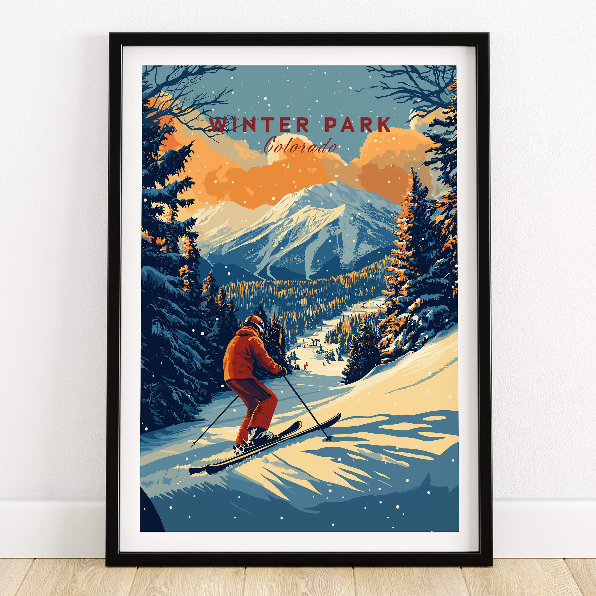 Winter Park Print Colorado ski poster showcasing a skier in the picturesque mountains of Winter Park, Colorado.