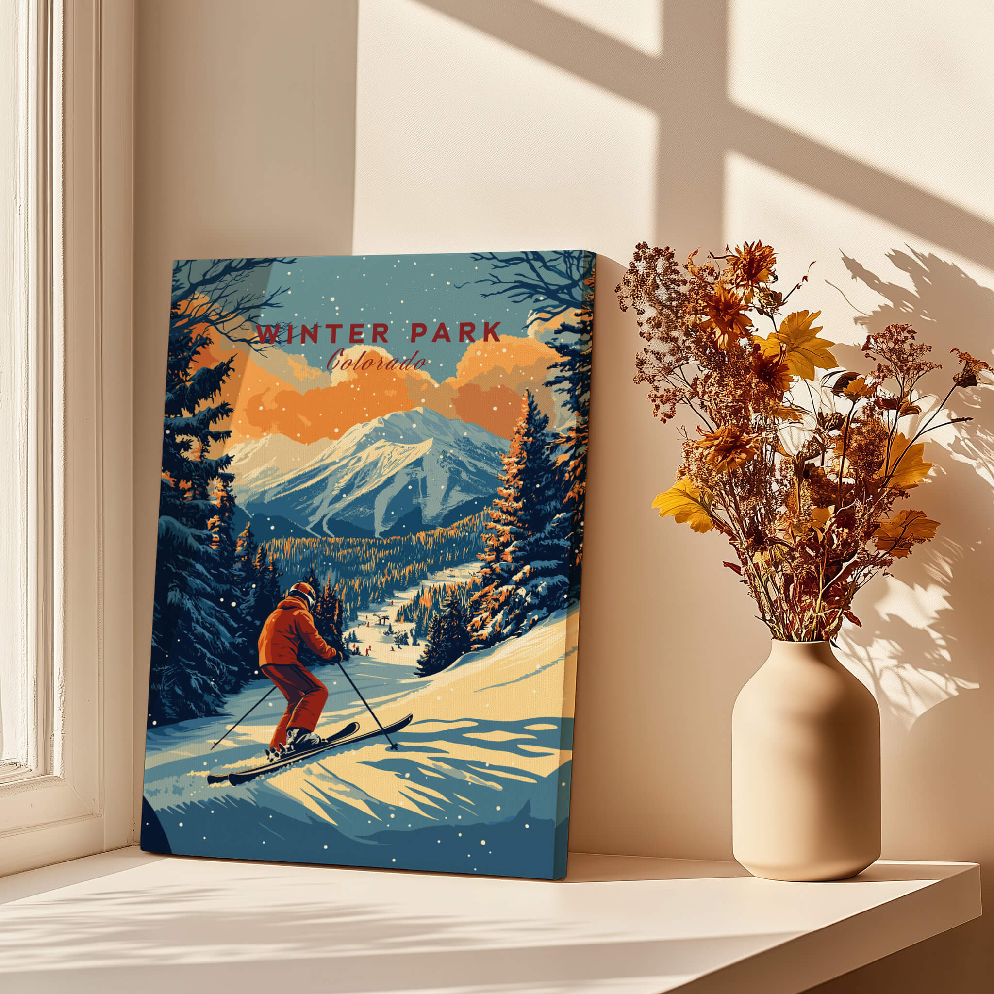 Winter Park Print Colorado featuring a skier against a stunning mountain backdrop.