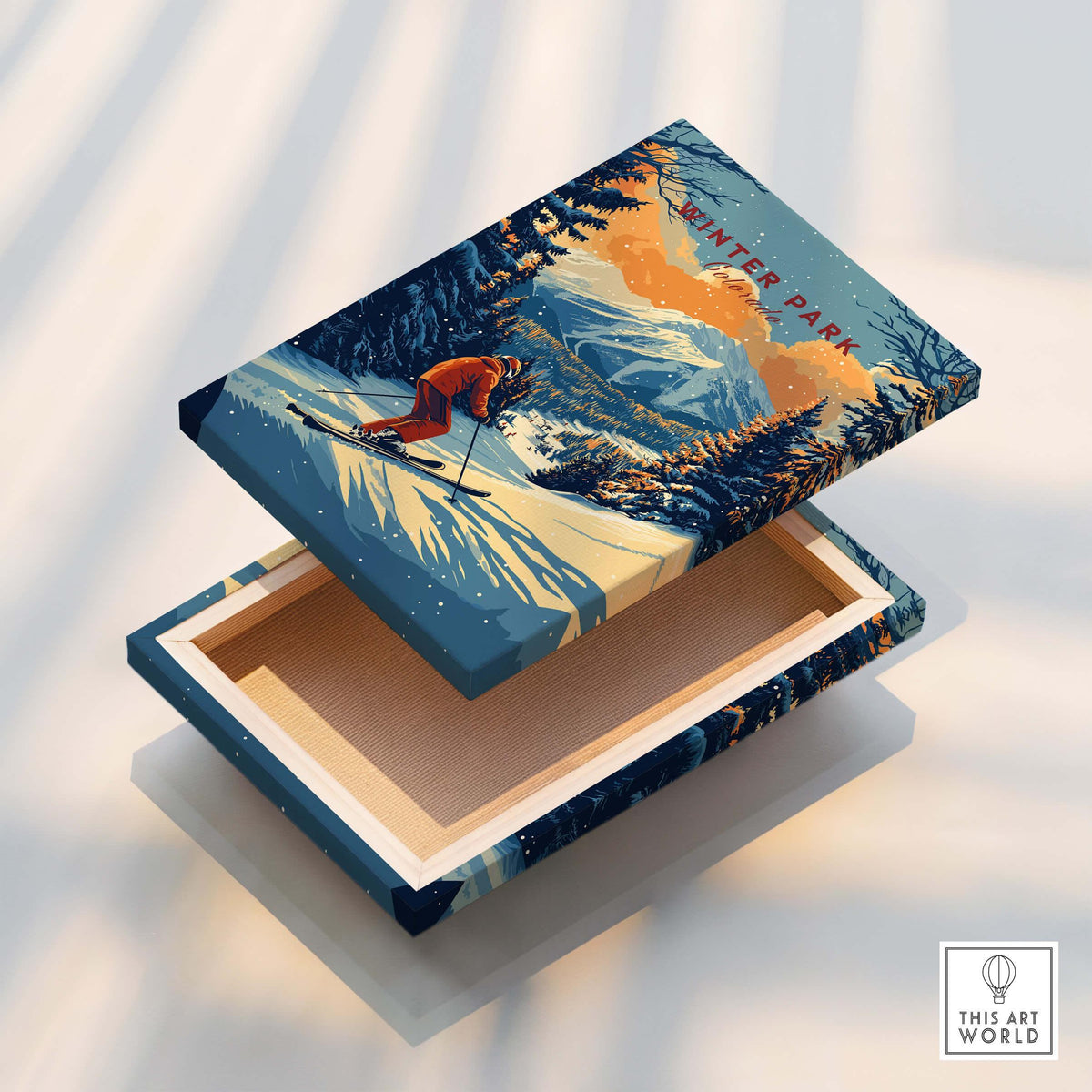 Winter Park Print Colorado ski poster featuring a skier on snowy slopes with mountains in the background.