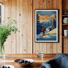 Winter Park Print Colorado ski poster framed on wooden wall with flowers and decor, showcasing adventure and beauty.