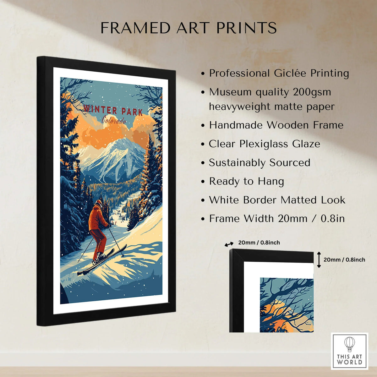 Winter Park Print Colorado framed art print showcasing a skier with mountain backdrop, perfect for outdoor enthusiasts.