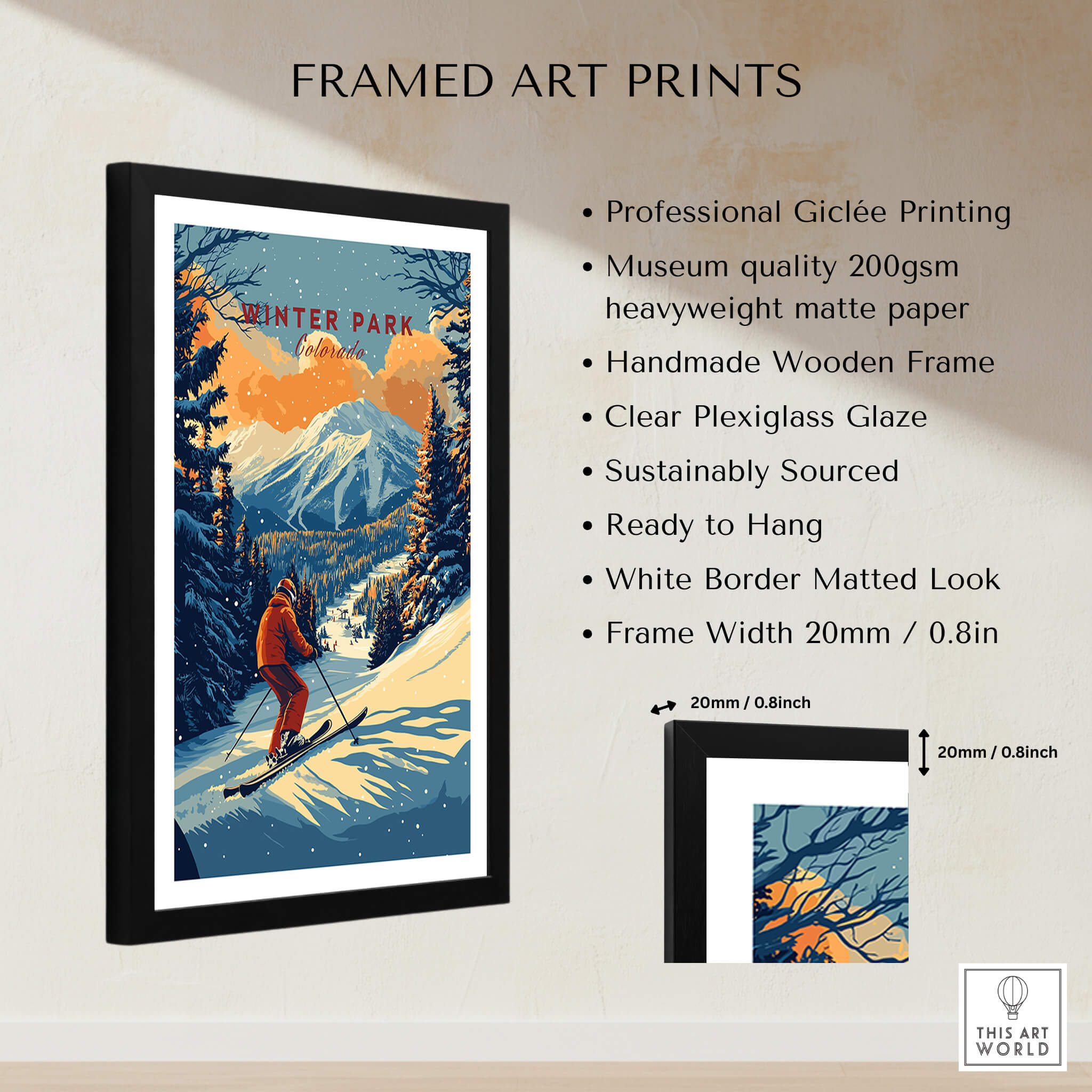 Winter Park Print Colorado framed art print showcasing a skier with mountain backdrop, perfect for outdoor enthusiasts.