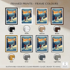 Different frame color options for Winter Park Print Colorado ski poster, showcasing styles in black, white, natural, brown, gold, and silver.