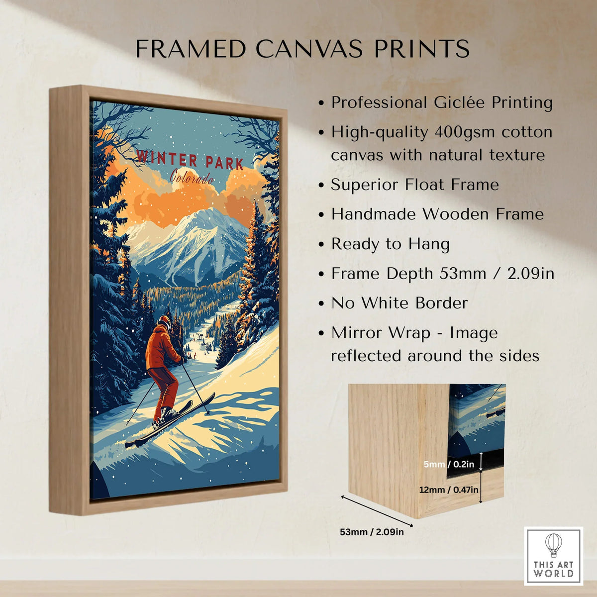 Winter Park Print Colorado framed canvas print showcasing a skier amidst snowy mountains and trees.