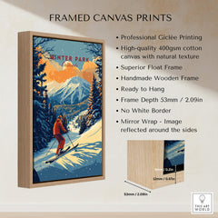 Winter Park Print Colorado framed canvas print showcasing a skier amidst snowy mountains and trees.