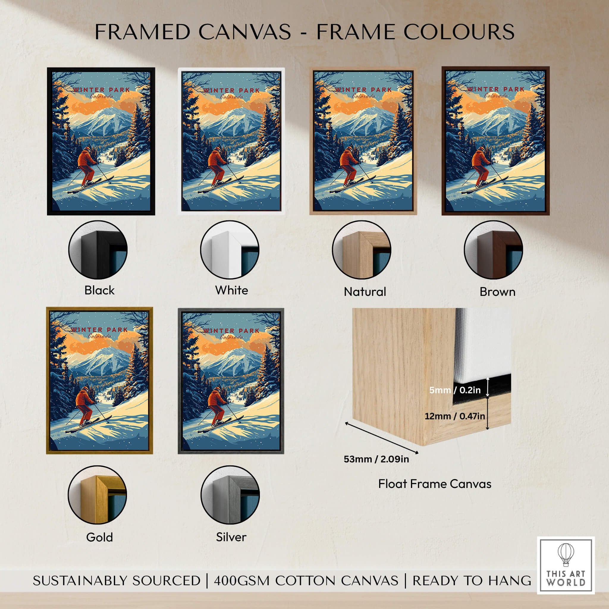 Winter Park Print Colorado framed canvas options in black, white, natural, brown, gold, and silver.