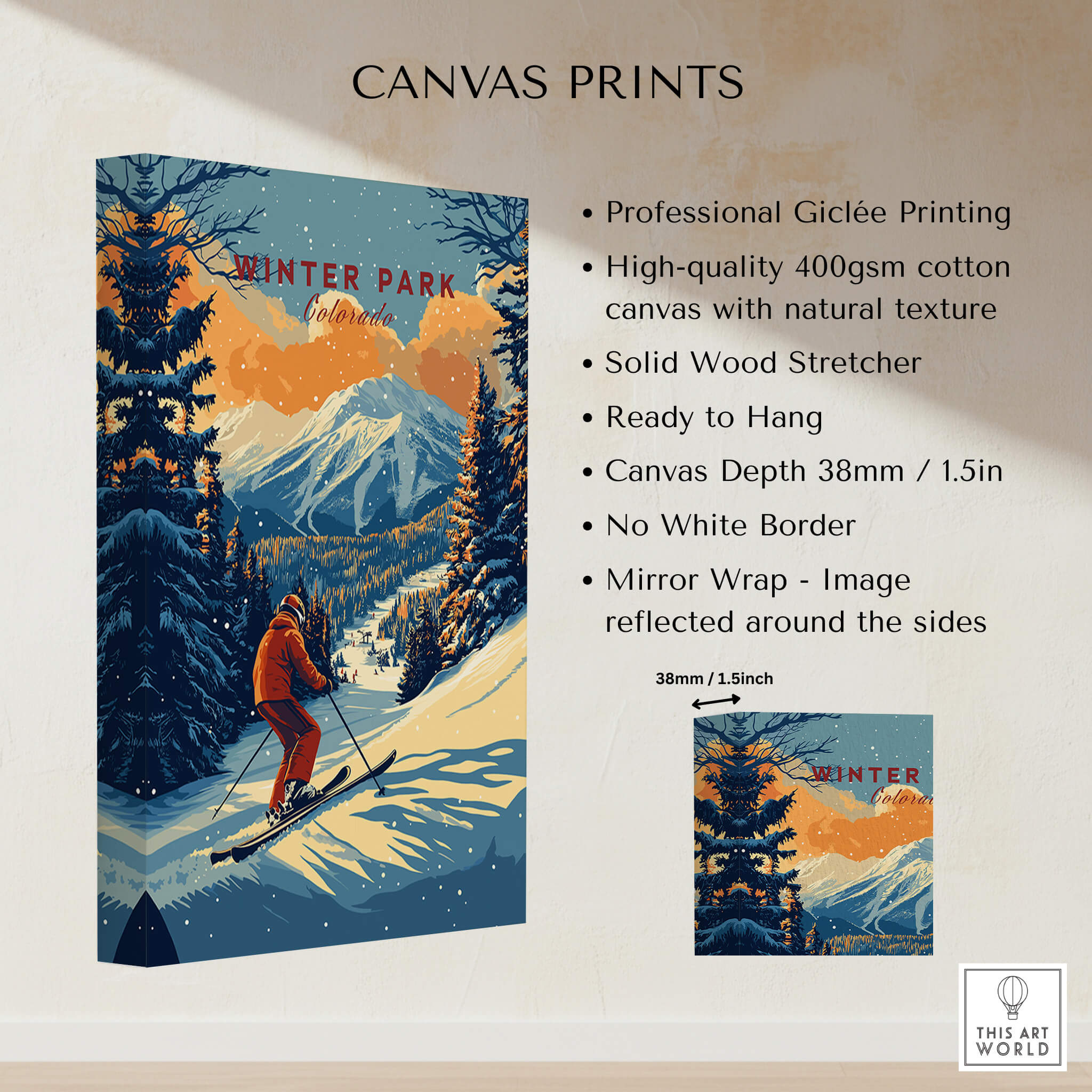 Winter Park Print Colorado ski poster showcasing stunning mountain views and professional Giclée printing.
