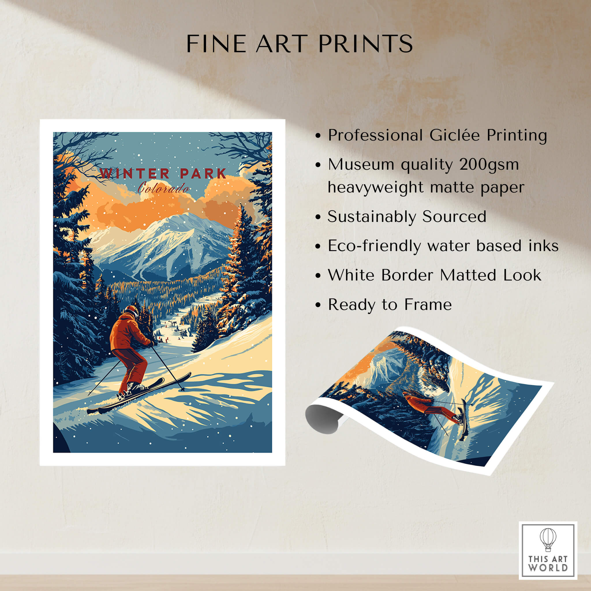 Winter Park Print Colorado showcasing a skier against the mountain backdrop, perfect for outdoor and adventure enthusiasts.
