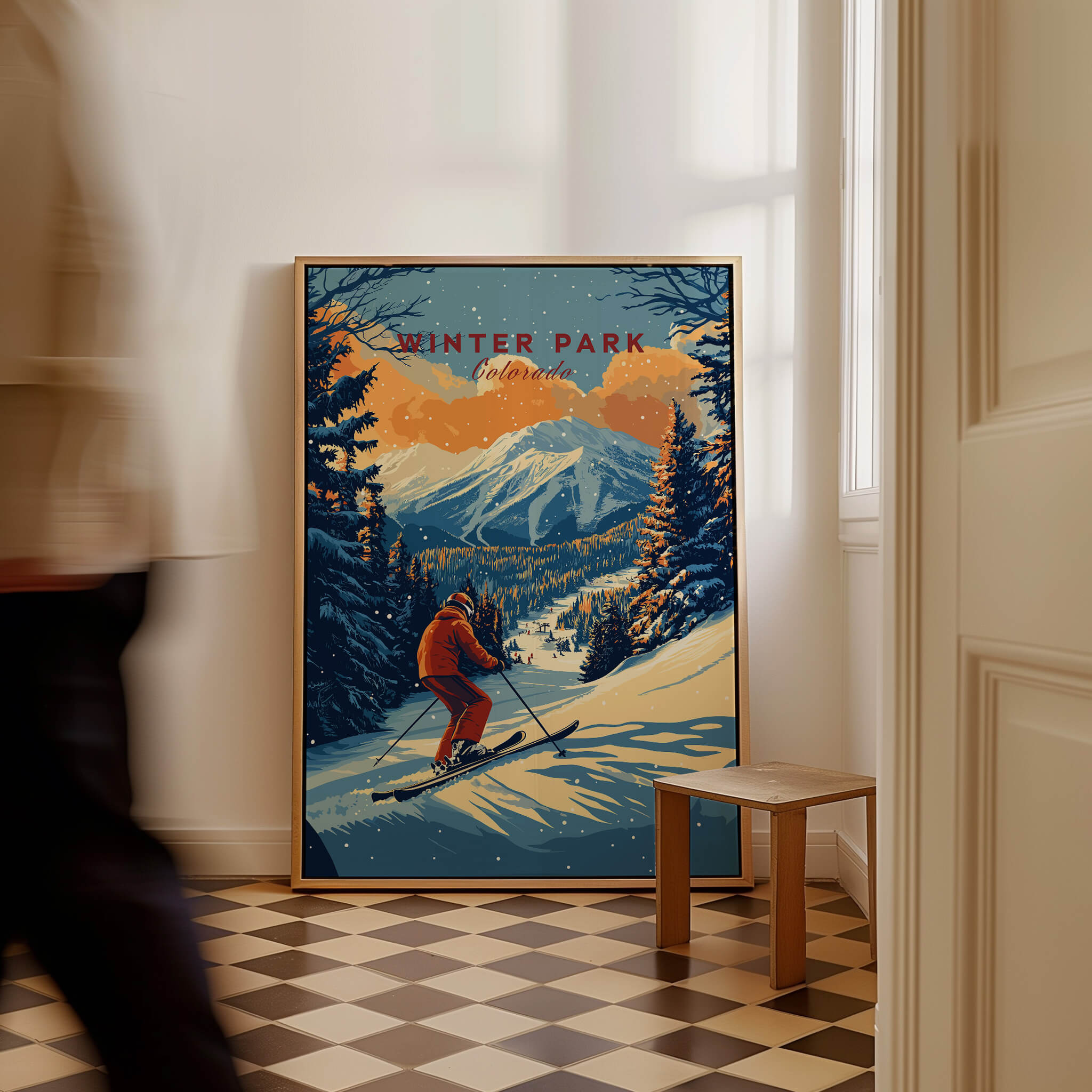 Winter Park Print Colorado ski poster showcasing scenic slopes and mountains in a stylish interior setting.