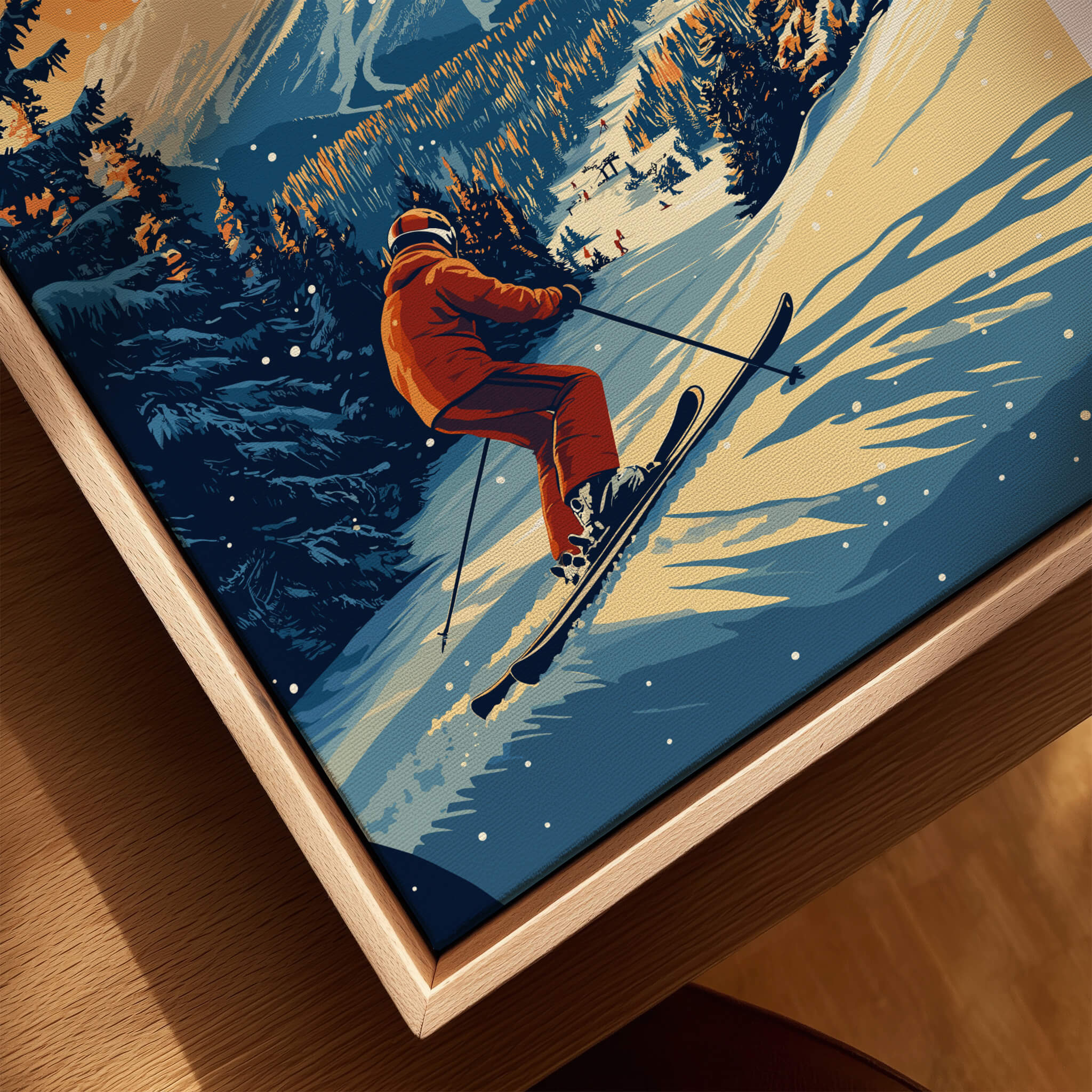 Winter Park Print Colorado ski poster featuring a skier navigating snowy slopes in a vibrant mountain landscape.
