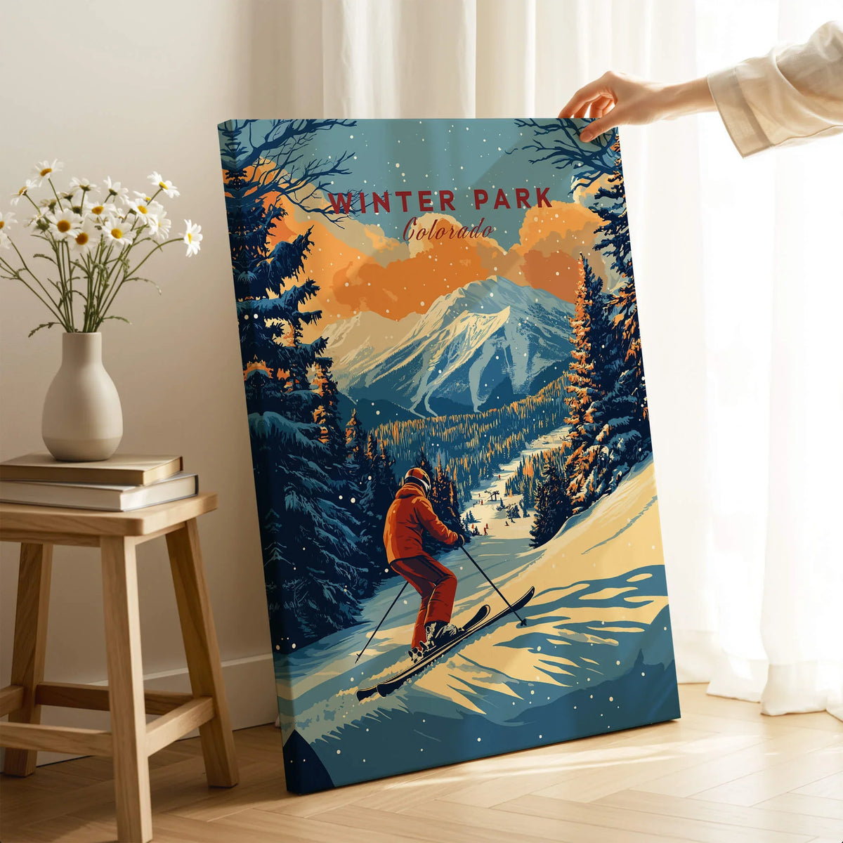 Winter Park Print Colorado ski poster depicting a skier in a scenic mountain landscape.