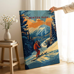 Winter Park Print Colorado ski poster depicting a skier in a scenic mountain landscape.