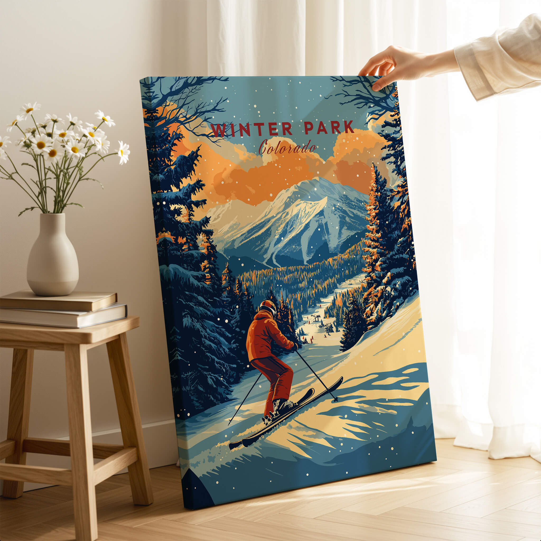 Winter Park Print Colorado ski poster depicting a skier in a scenic mountain landscape.