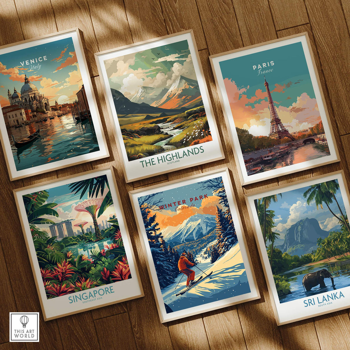 Winter Park Print Colorado ski poster among travel prints of Venice, Paris, Singapore, and Sri Lanka.