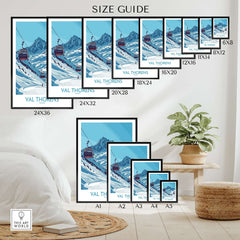 Winter Sports Poster | Val Thorens Ski Resort Wall Art size guide featuring various frame sizes.