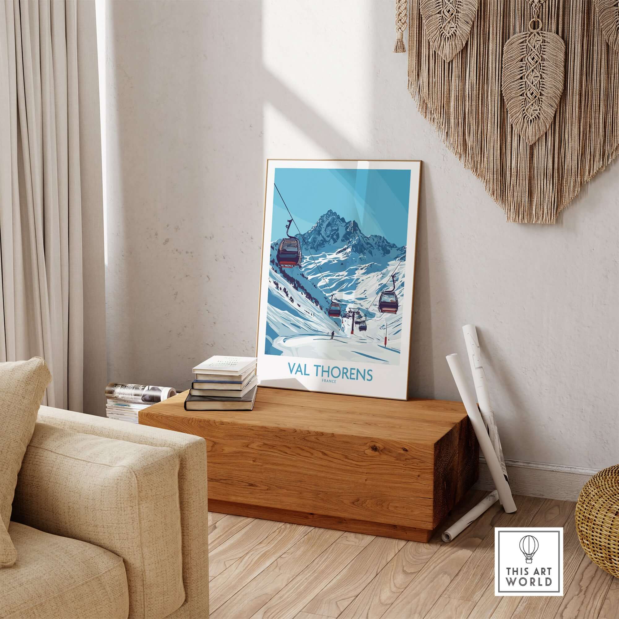 Winter Sports Poster | Val Thorens Ski Resort Wall Art displayed in a stylish room with a wooden table.