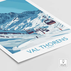 Winter Sports Poster | Val Thorens Ski Resort Wall Art featuring ski lifts and snowy mountains.