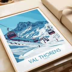 Winter Sports Poster | Val Thorens Ski Resort Wall Art featuring a ski lift with snowy mountains in the background.