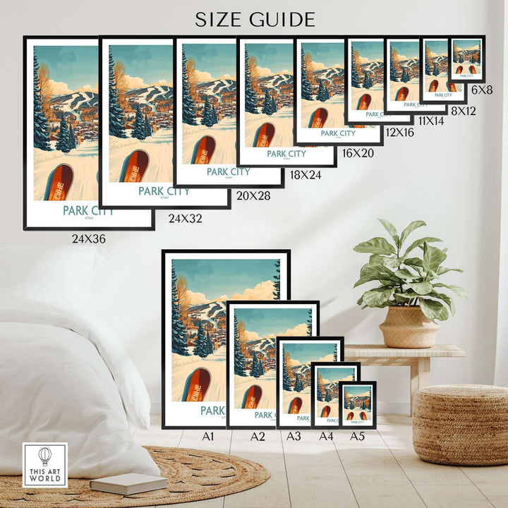 Size guide for Park City Utah ski poster showing various frame dimensions and placement options in a cozy room setting.