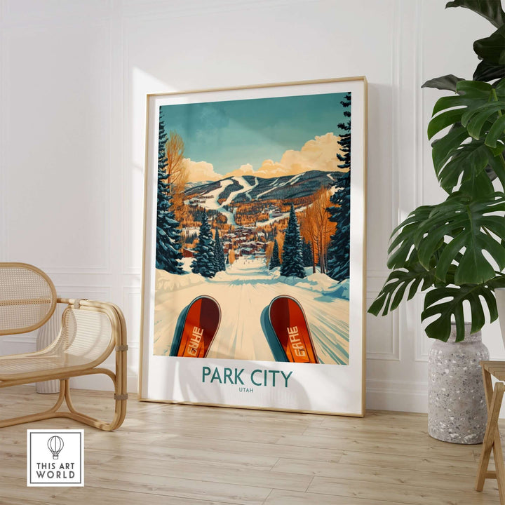 Vibrant ski poster of Park City, Utah, showcasing winter sports and scenic landscapes for skiing enthusiasts.