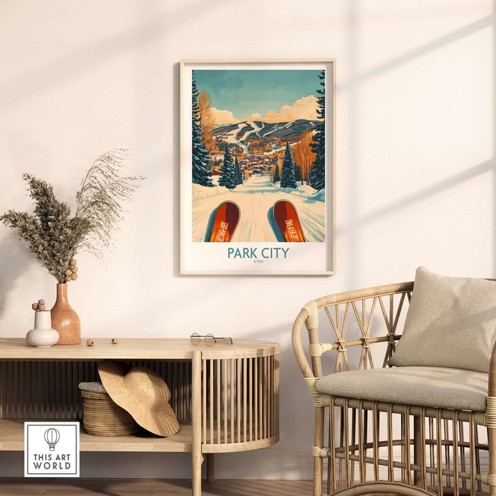 Winter sports ski poster of Park City, Utah, showcasing stunning slopes and vibrant scenery in a cozy home setting.