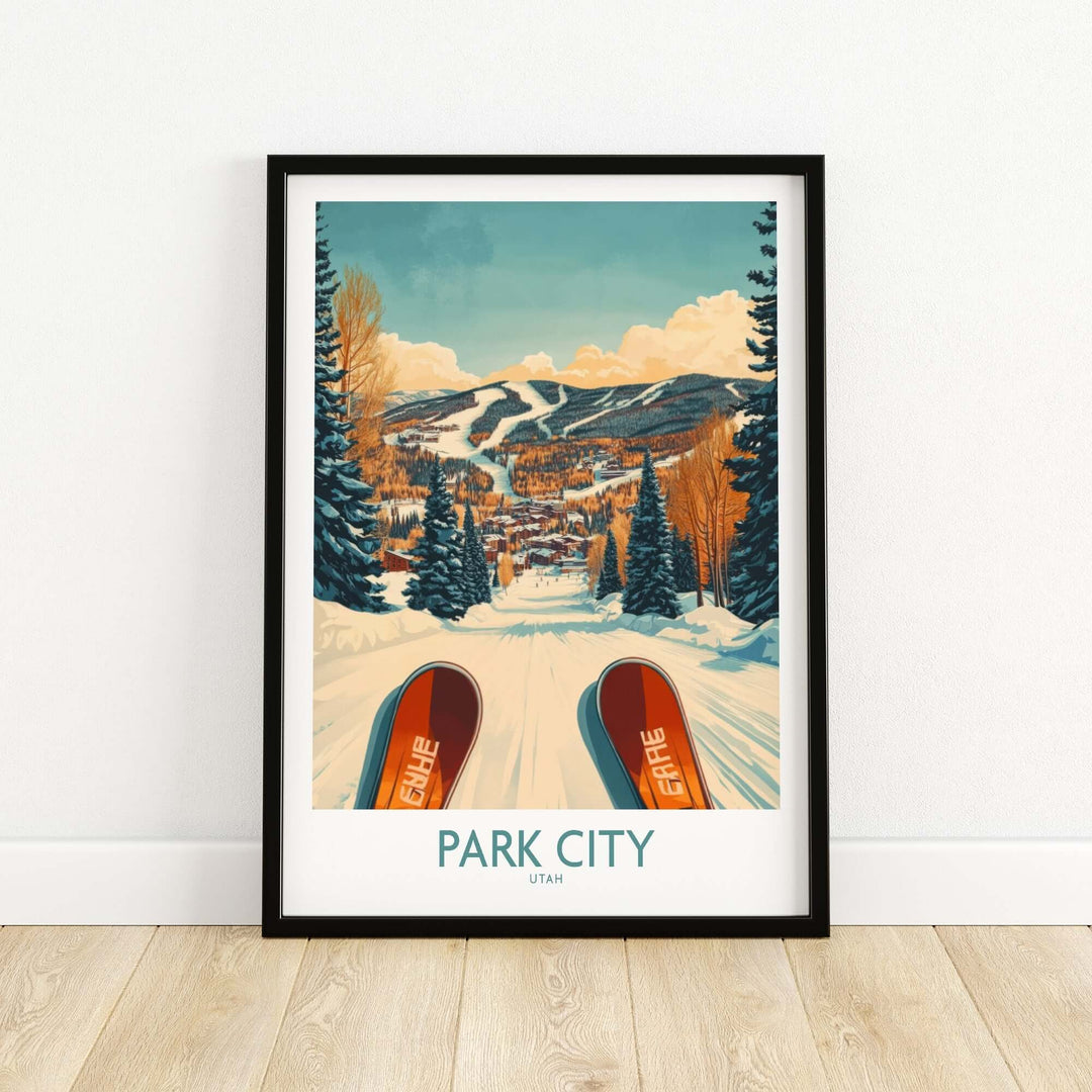 Ski poster of Park City, Utah, featuring a snowy landscape and ski equipment in the foreground, ideal for winter sports enthusiasts.