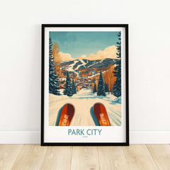 Ski poster of Park City, Utah, featuring a snowy landscape and ski equipment in the foreground, ideal for winter sports enthusiasts.