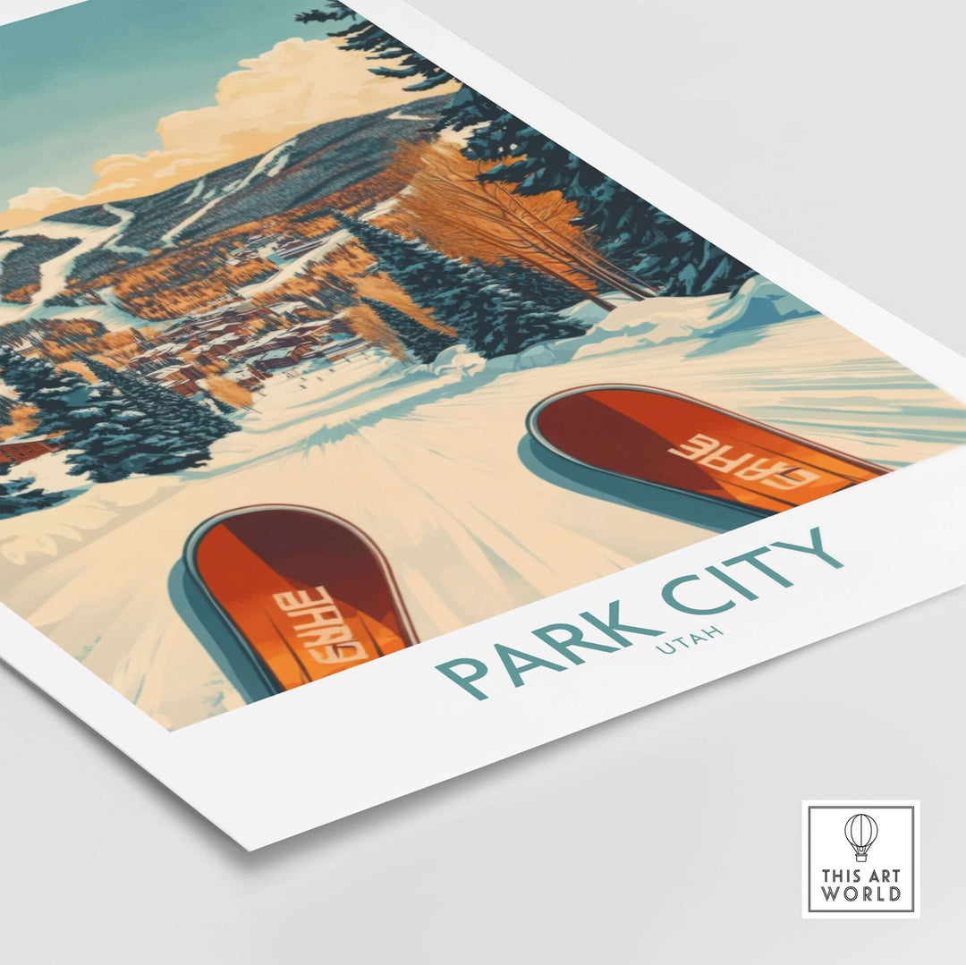 Winter sports ski poster featuring stunning Park City, Utah landscape with ski tips in the foreground. Perfect for winter enthusiasts.