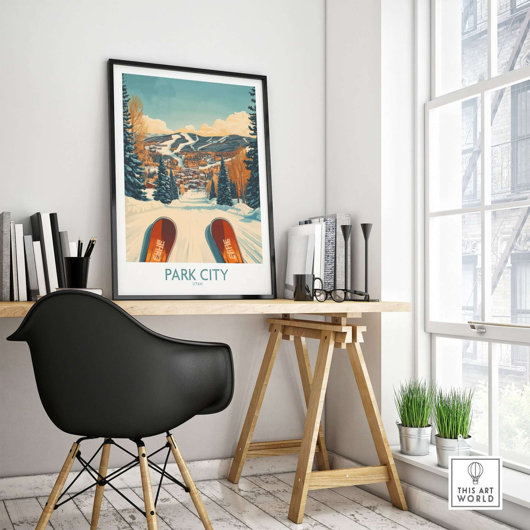 Winter sports ski poster of Park City, Utah displayed in a stylish home office setting.