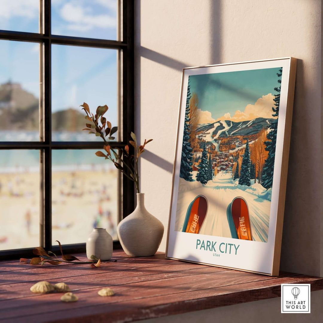 Winter sports ski poster featuring Park City, Utah, displayed in a bright room with a scenic view outside.