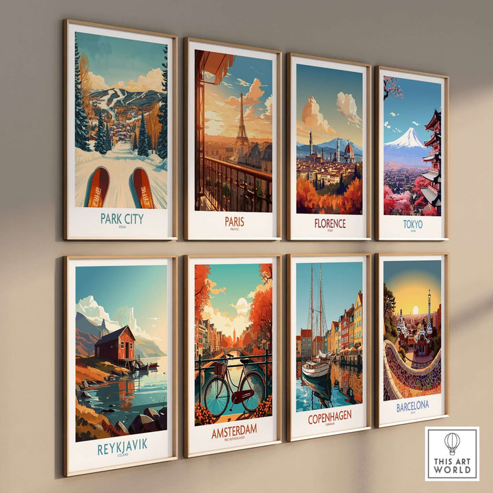 Gallery wall of travel posters featuring Park City, Paris, Florence, Tokyo, Reykjavik, Amsterdam, Copenhagen, and Barcelona.