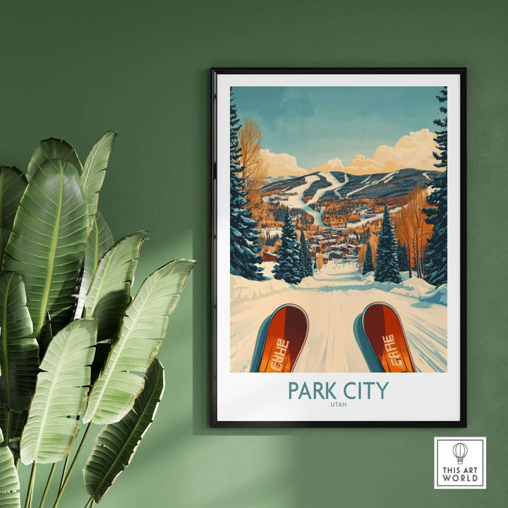 Vintage ski poster of Park City, Utah, featuring scenic slopes and vibrant winter landscapes. Perfect for ski enthusiasts.