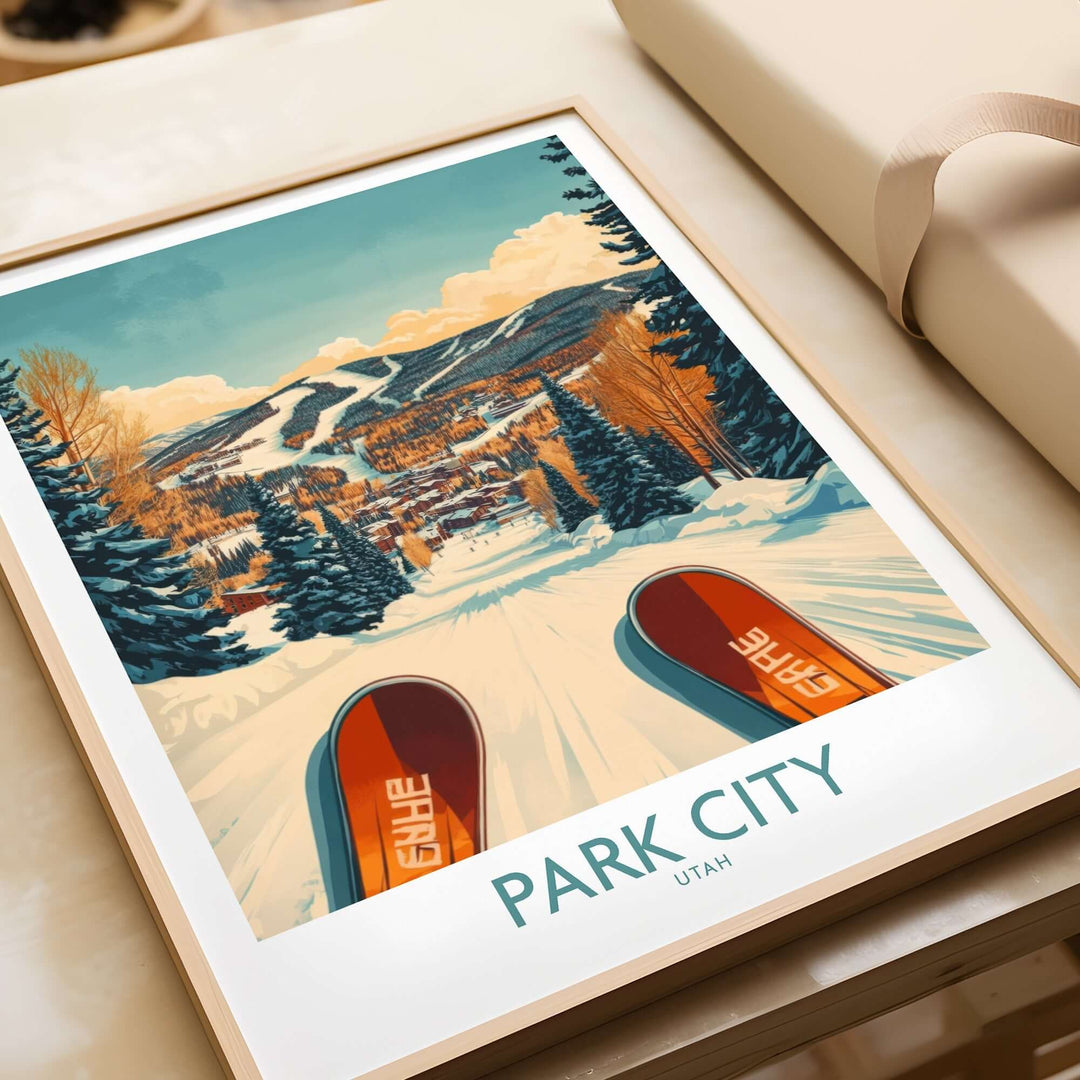 Winter sports ski poster featuring Park City, Utah with scenic slopes and vibrant colors. Perfect for ski enthusiasts.