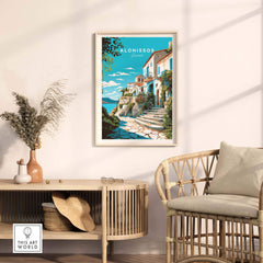 Alonissos Greece travel poster print displayed in a cozy room with a stylish armchair and decorative elements.
