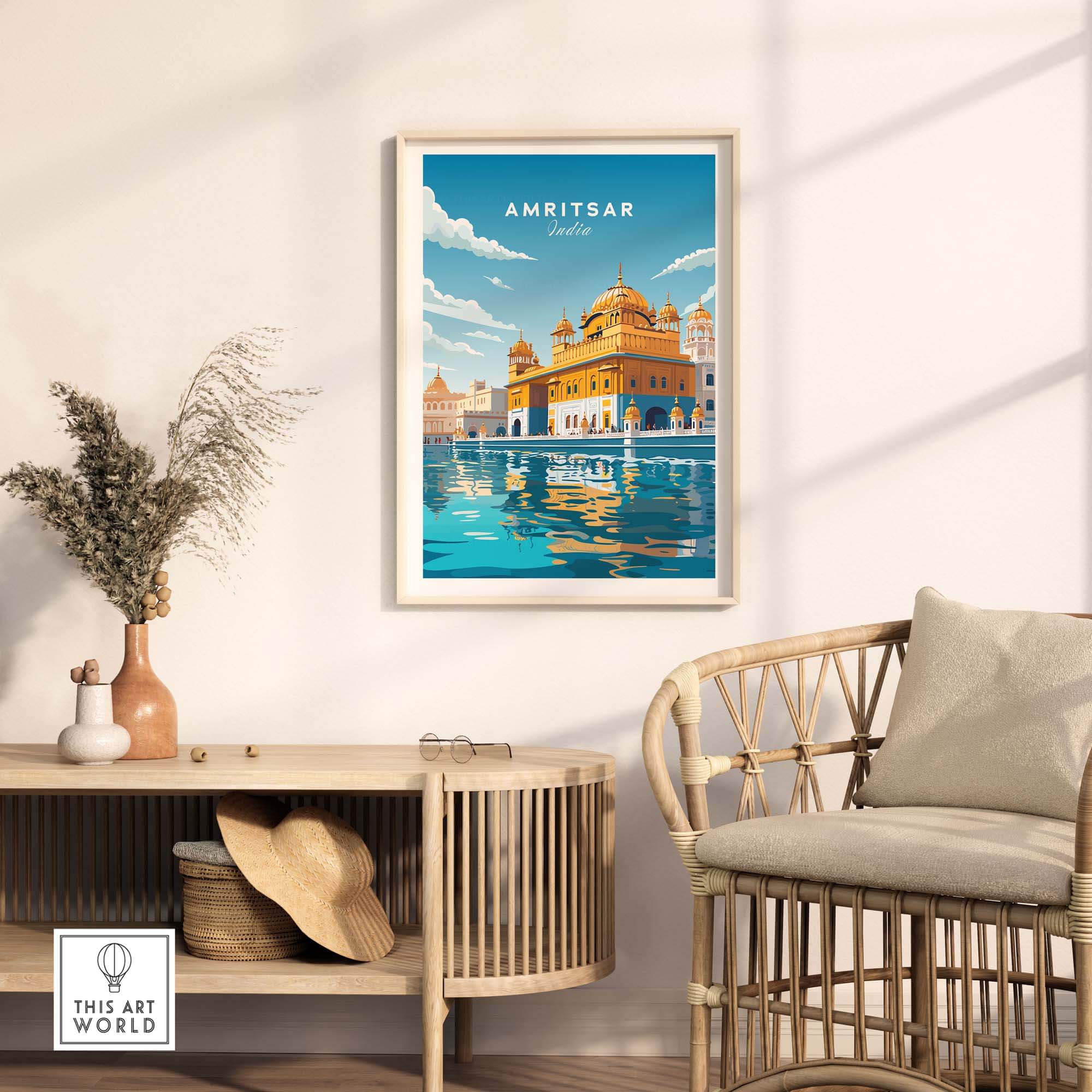 Amritsar India travel poster print featuring the Golden Temple, perfect for home decor or gifts.