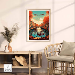 Vivid Amsterdam Print showcasing a sunset scene with iconic bikes and canals, perfect for home decor.