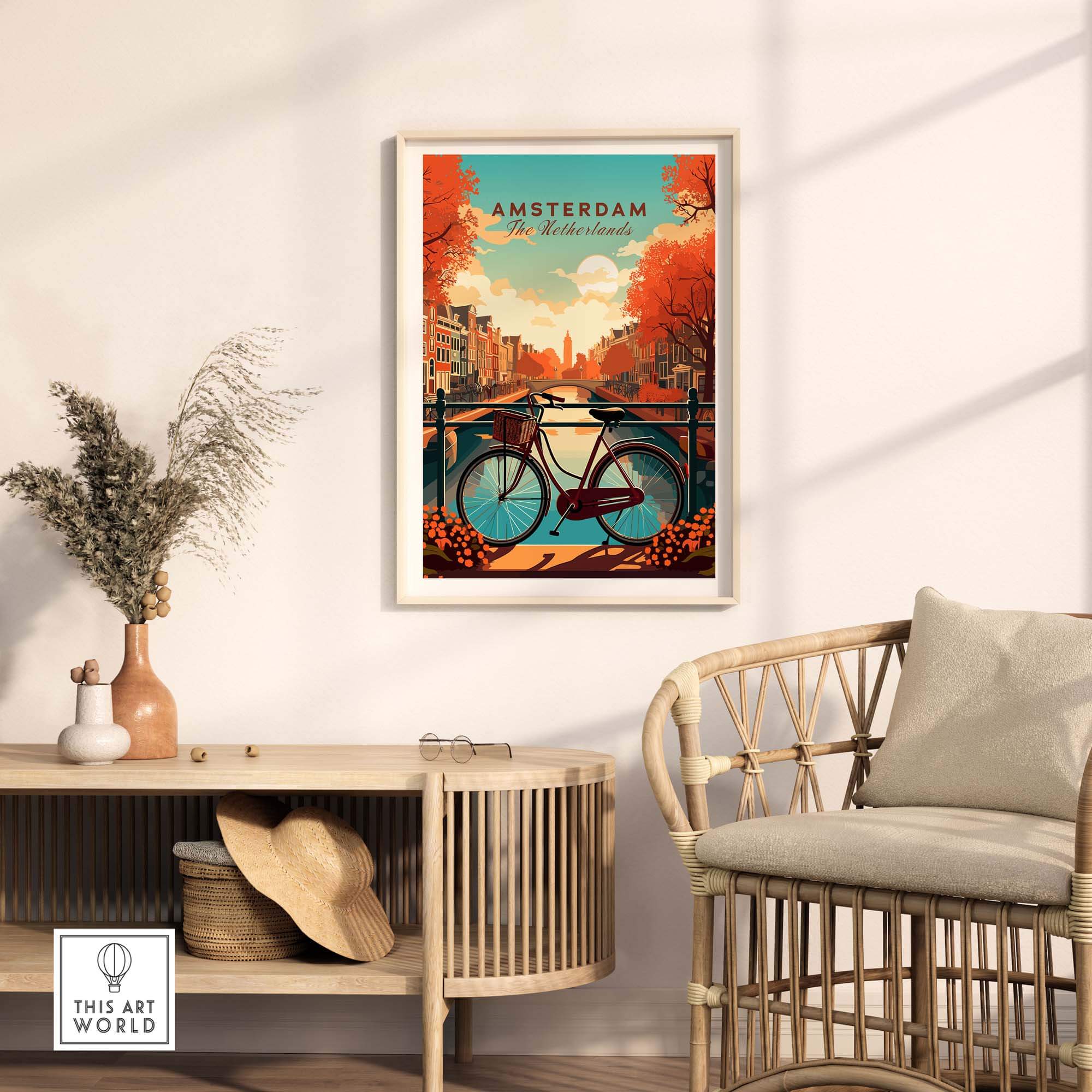 Vivid Amsterdam Print showcasing a sunset scene with iconic bikes and canals, perfect for home decor.
