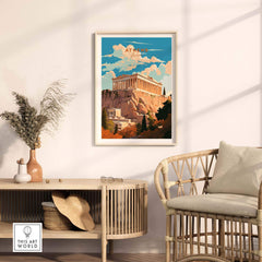 Athens Greece Travel Poster Print featuring the Acropolis in a stylish home setting with decorative elements.
