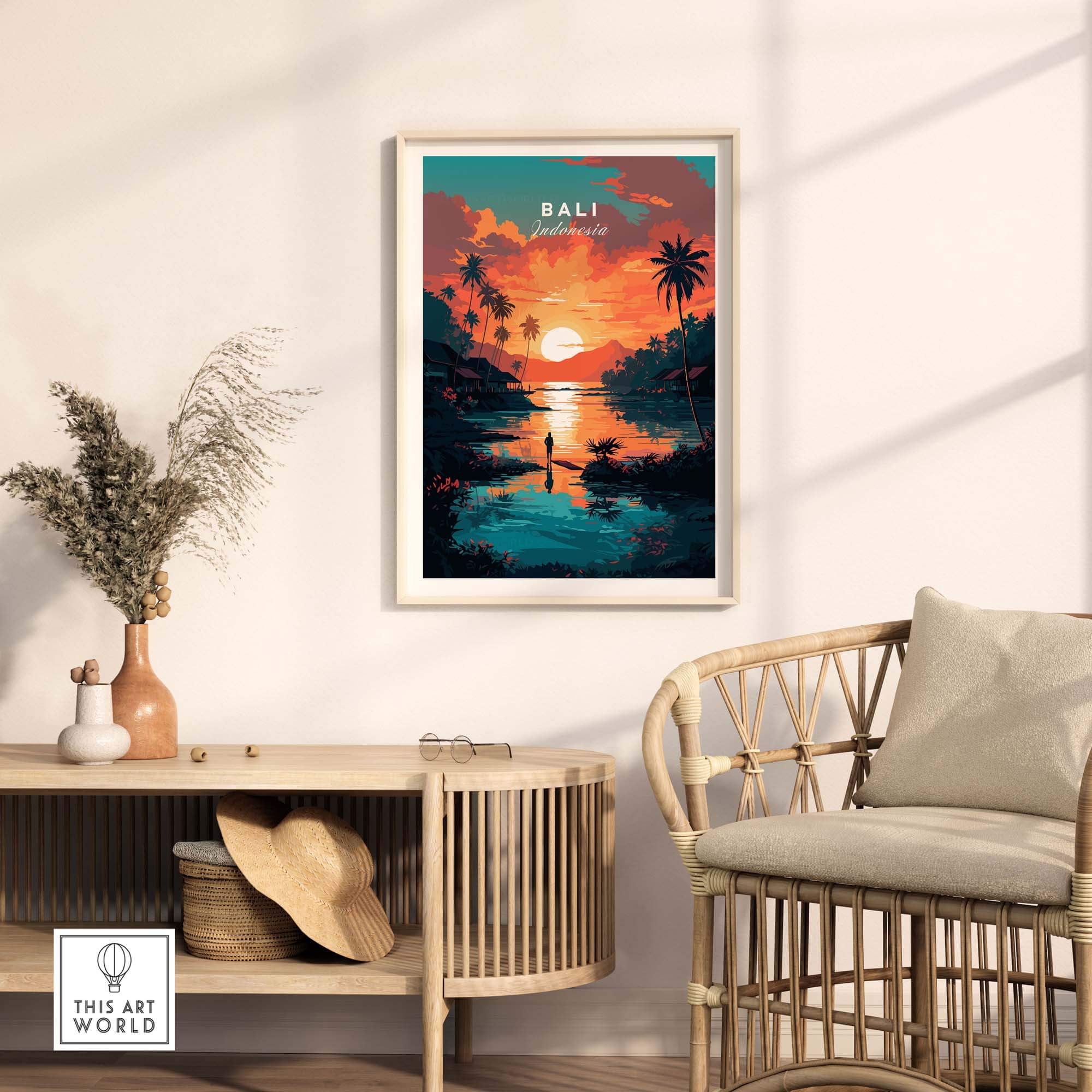 Bali Wall Art print featuring a sunset scene with palm trees, perfect for home decor and a reminder of Indonesian holidays.